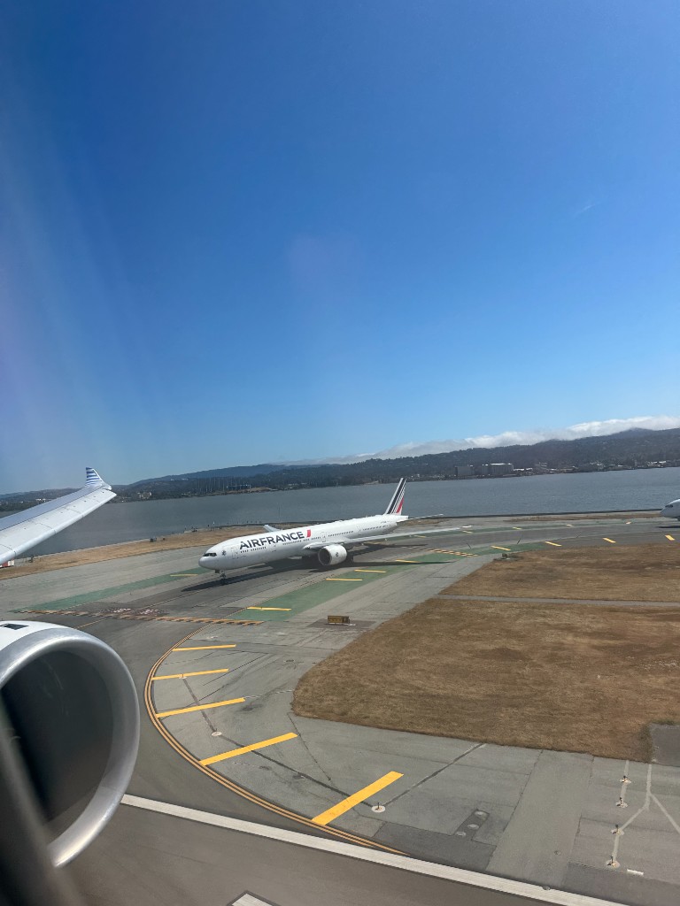 Air France 777 seen from an aircraft window at San Francisco International Airport
