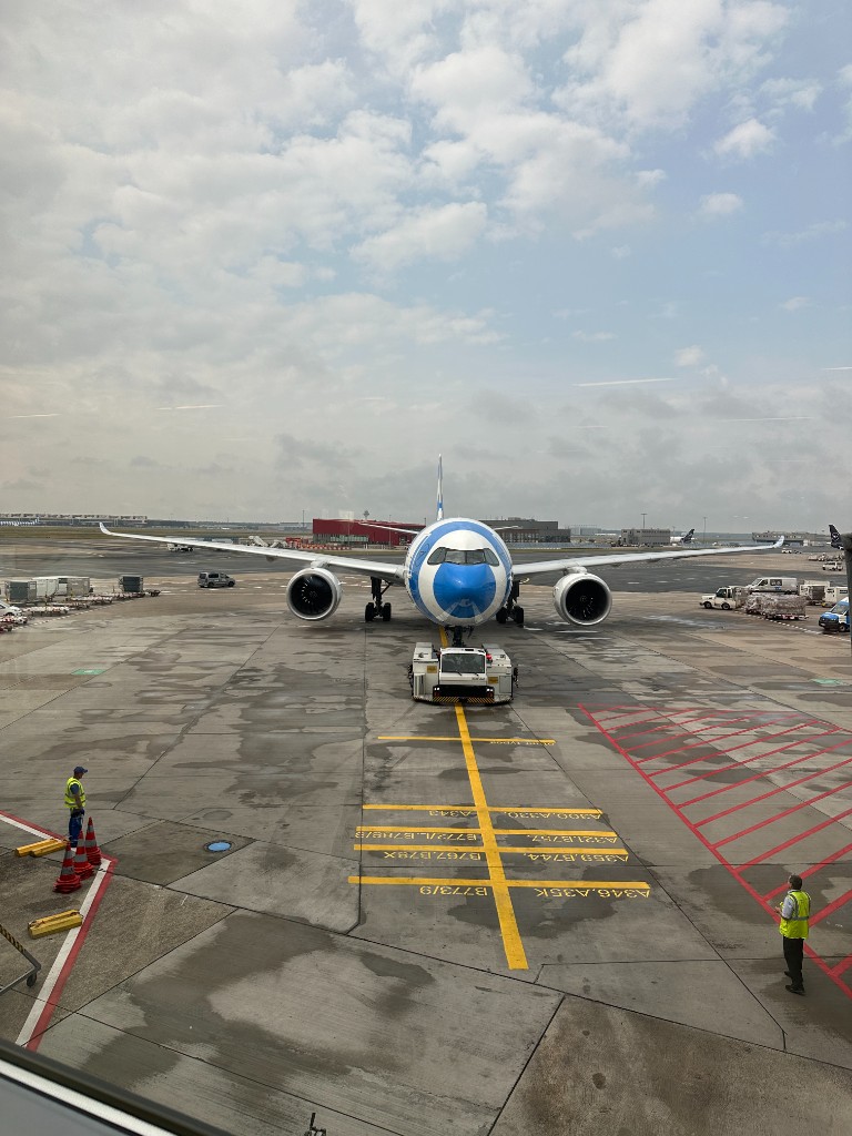 Condor A330neo viewed from the front at Frankfurt Airport